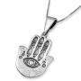Sterling Silver Hamsa Pendant Necklace with Evil Eye and Three Fish - 1