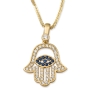 14K Yellow Gold and Cubic Zirconia Hamsa Pendant Necklace With Evil Eye Design - 2