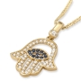 14K Yellow Gold and Cubic Zirconia Hamsa Pendant Necklace With Evil Eye Design - 4