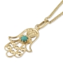 Ornate 14K Yellow Gold Hamsa Pendant Necklace With Turquoise Stone - 3