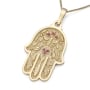 14K Yellow Gold Hamsa Pendant Necklace With Ruby Stones - 4