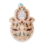 Wooden Hamsa Floral Hebrew Home Blessing Wall Hanging with Gemstones - 1