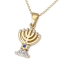 14K Gold Small Seven-Branched Menorah Pendant with 14 Diamonds and Enamel - 2