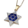 14K Yellow Gold Star of David Diamond Pendant with Blue Enamel  - 1