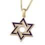Luxurious 14K Yellow Gold and Blue Enamel Interlocking Star of David Pendant Necklace With Cubic Zirconia Stones - 2