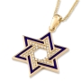 Luxurious 14K Yellow Gold and Blue Enamel Interlocking Star of David Pendant Necklace With Cubic Zirconia Stones - 3