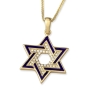 Luxurious 14K Yellow Gold and Blue Enamel Interlocking Star of David Pendant Necklace With Cubic Zirconia Stones - 1