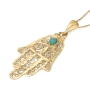 14K Gold Women’s Hamsa Pendant with Ornate Design and Turquoise Stone  - 3