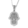 14K White Gold Hamsa Pendant Lined with Diamonds and Ornate Damask Design - 1