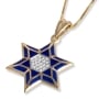 14K Yellow Gold Star of David Pendant with Blue Enamel and Diamonds - 1