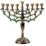 Enameled and Jeweled Pewter Menorah - Green and Brown with Emerald Crystals - 1