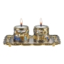 24K Gold Plated Jerusalem Candle Holders with Tray - Blue with Sapphire Crystals - 1