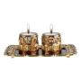 24K Gold Plated Jerusalem Candle Holders with Tray - Brown with Emerald Crystals - 1