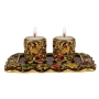 24K Gold Plated Seven Species Candle Holders with Tray - Brown with Emerald Crystals - 1