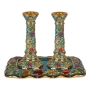 24K Gold Plated Jeweled Seven Species Candlesticks - Turquoise with Sapphire Crystal Band - 1