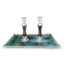 Refined Large Sterling Silver-Plated Glass Shabbat Candlesticks (Shades of Green) - 2