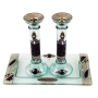 Painted Glass Column Candlesticks with Tray: Hamsa and Tulips. Lily Art - 1