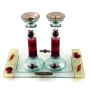 Painted Glass Column Candlesticks with Tray: Pomegranates (Red). Lily Art - 1