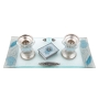 Lily Art Painted Glass Candlesticks with Tray & Match Box: Pomegranates (Blue) - 2