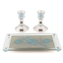 Lily Art Painted Crystal Candlesticks with Tray – Light Blue Pomegranates - 1