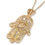 14K Gold Filigree Hamsa Pendant Necklace with Diamonds - 1