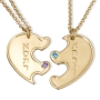 24K Yellow Gold Couple's Split Love Heart Names Necklaces with Birthstones - 4