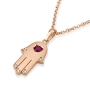 18K Gold Hamsa Diamond Pendant Necklace with Ruby Stone Love Heart (Choice of Colors) - 3