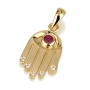 18K Yellow Gold Hamsa Pendant with Ruby Evil Eye and Diamond Fingertips - 1