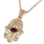 14K Gold and Garnet Heart Filigree Hamsa Pendant Necklace - 1