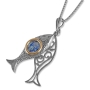 925 Sterling Silver Fish Necklace with 9K Gold Ring and Roman Glass - 2