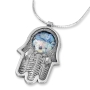 Sterling Silver Hamsa Necklace with Roman Glass Disk and Jerusalem Fingers - 1