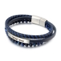 Men's Shema Yisrael 3-Band Beaded Leather Bracelet with Magnetic Clasp - Blue and Black - 2