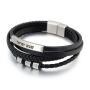 Men's Shema Yisrael Beaded Black Leather Bracelet with Magnetic Clasp - Silver  - 2