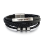 Men's Shema Yisrael Beaded Black Leather Bracelet with Magnetic Clasp - Silver  - 1