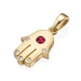 Thick 18K Gold Hamsa Pendant With Red Ruby Stone and 5 White Diamonds (Choice of Color) - 3