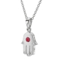 Thick 18K Gold Hamsa Pendant With Red Ruby Stone and 5 White Diamonds (Choice of Color) - 7