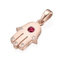 Thick 18K Gold Hamsa Pendant With Red Ruby Stone and 5 White Diamonds (Choice of Color) - 4