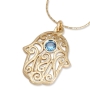 Gold-Plated Filigreed Hamsa Necklace With Blue Gemstone - 2