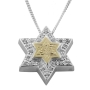 Silver and Patterned Gold Star of David Necklace with Zirconia Accents - 1