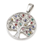 Sterling Silver Circular Tree of Life Pendant with Zircon Stones (Choice of Colors) - 2