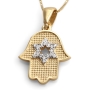 14K Yellow Gold Hamsa Pendant Necklace With White Diamond Star of David Design - 2