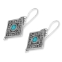 Traditional Yemenite Art Luxurious Handcrafted Sterling Silver Diamond-Shaped Earrings With Eilat Stone - 2