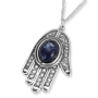 Traditional Yemenite Art Handcrafted Sterling Silver Hamsa Necklace With Sodalite Stone - 1