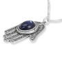 Traditional Yemenite Art Handcrafted Sterling Silver Hamsa Necklace With Sodalite Stone - 2