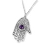 Traditional Yemenite Art Handcrafted Sterling Silver Hamsa Necklace With Amethyst Stone - 1