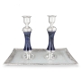 Tall Handmade Dark Blue Glass and Sterling Silver-Plated Shabbat Candlesticks - 1