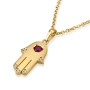 18K Gold Hamsa Diamond Pendant Necklace with Ruby Stone Love Heart (Choice of Colors) - 2