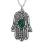 Traditional Yemenite Art Handcrafted Sterling Silver and Gemstone Hamsa Necklace With Rope Design - 8