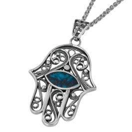 Sterling Silver Hamsa Necklace with Eilat Stone, Jewish Jewelry ...