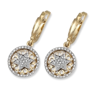 14K Gold Circular Disc Star of David Diamond Earrings